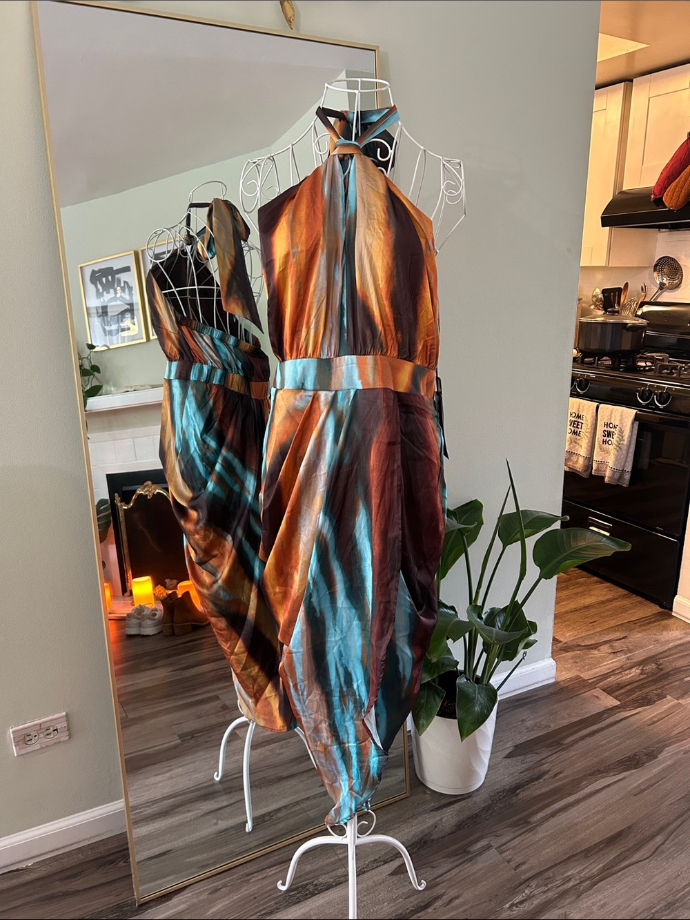 New York & Company Satin Halter Midi Dress in Amber & Teal